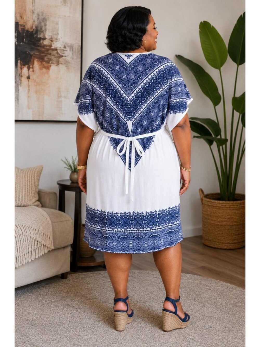 5th & Love Size Large Caftan Dress Blue White Bohemian Print Tie Waist Belt - Picture 5 of 8